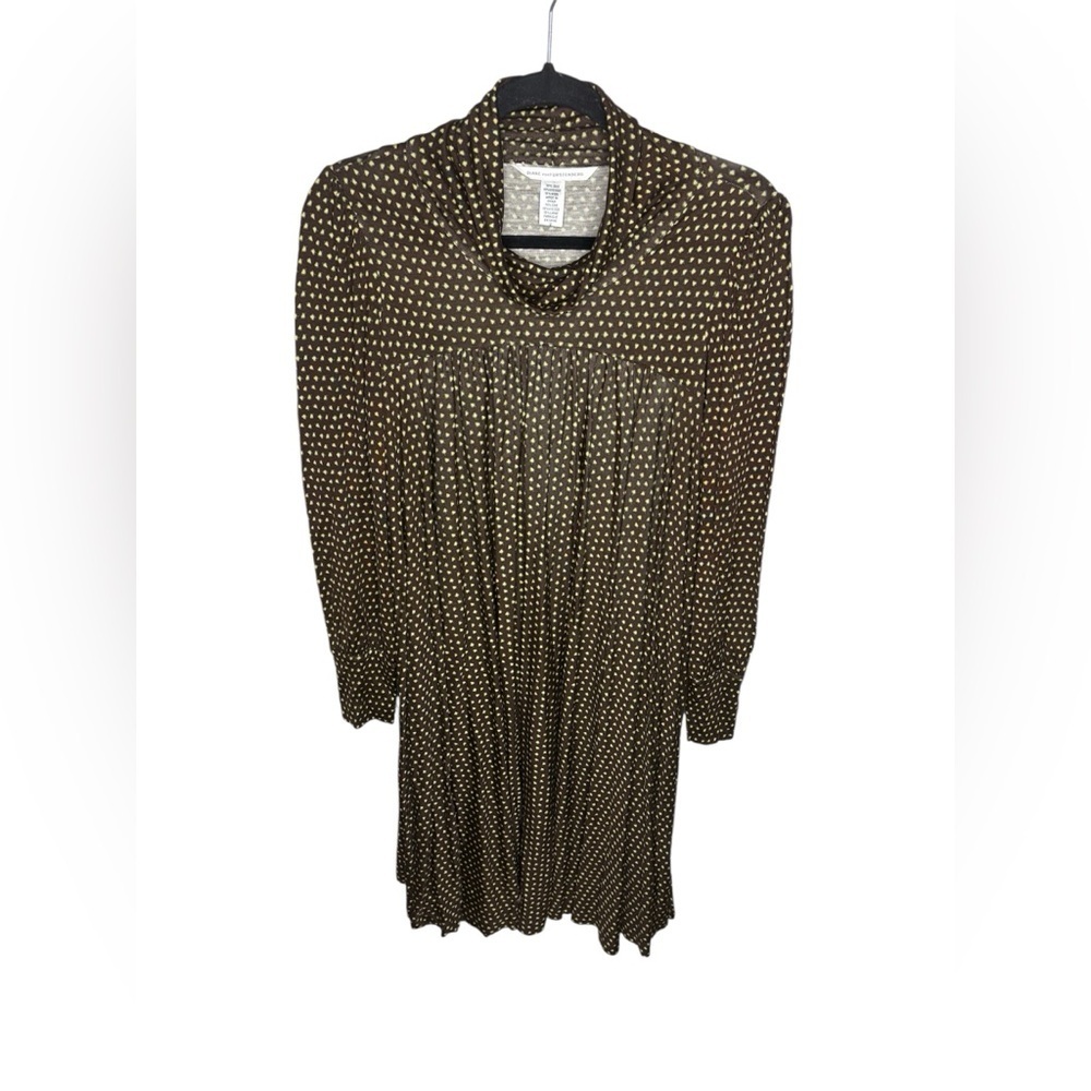 Diane von Furstenberg brown and green acorn print silk blend mock neck dress 2
